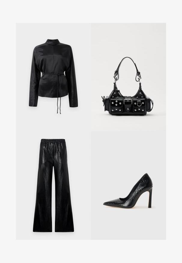 Juodas satino ilgomis rankovėmis marškiniai su aukštu apykakle, susiaurinta juosmens dalimi ir reguliuojamo raiščio detalėmis. Lygus paviršius su blizgiu apdaila.; Plačios kojos kelnės iš blizgaus juodo audinio su elastinga juosmens juosta. Audinys turi lygią struktūrą ir nedidelį blizgesį.; Juoda smailiakulnė aukšto kulno bateliai su krokodilo odos tekstūra, pasižymintys elegantišku dizainu, aukštu stiletu kulnu ir lygia juoda vidine dalimi.; Juodas odinis rankinukas su kreiviu dizainu, su sidabro spalvos knopkėmis, užsegimu ir dviem šoninėmis kišenėmis. Reguliuojama dirželis nešimui.