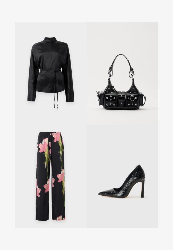 Crna satenska košulja dugih rukava s visokim ovratnikom, strukturom u struku i podesivim detaljem svezanja. Glatka tekstura s elegantnim završetkom.; Cvećaste hlače širokih nogavica s crnom pozadinom, sa ružičastim i zelenim cvjetovima u akvarel stilu. Mekana tkanina s elastičnom strukom.; Crne visoke potpetice s oštrim prstima, od teksture krokodilske kože, elegantnog dizajna, visoke stiletto potpetice i glatkog crnog unutrašnjosti.; Crna kožna torba s zakrivljenim dizajnom, koja sadrži srebrne zakovice, kopču i dva bočna džepa. Podesiva traka za različite opcije nošenja.
