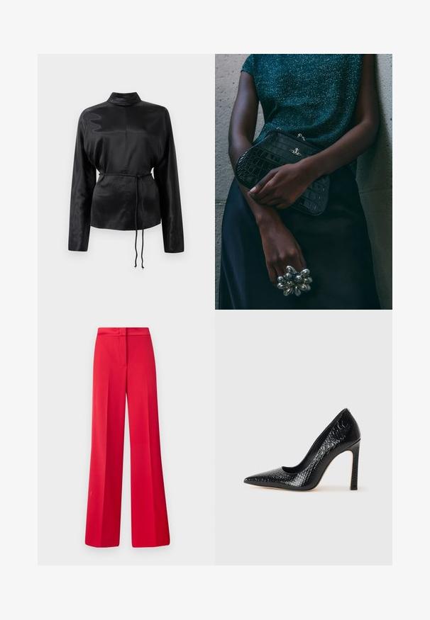 Černá saténová košile s dlouhým rukávem a vysokým límečkem, nařaseným pasem a nastavitelným šňůrkovým detailem. Hladká textura s elegantním povrchem.; Červené kalhoty s širokými nohavicemi a hladkou texturou, s plochým pasem a strukturovaným designem, obsahující sklady vpředu a přizpůsobený střih.; Černý lodičkový bot s špičatou špičkou, pokrytý texturou krokodýlí kůže, s elegantním designem, vysokým stiletto podpatkem a hladkým černým interiérem.; Černá kabelka ve tvaru psaníčka s krokodýlím vzorem a stříbrným kováním, držena proti texturovanému šedému pozadí. Vyznačuje se lesklým povrchem.