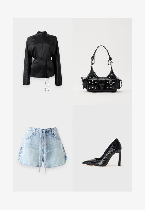 Musta satiininen pitkähihainen paita, jossa on korkea kaulus, kireä vyötärö ja säädettävä nyöriyksityiskohta. Sileä rakenne kiiltävällä pinnalla.; Vaaleansiniset farkkushortsit, joissa on kiristysvyötärö, viisi taskua ja raakahelma. Kangas on kulutettua tyyliä.; Musta kapea nilkkakorkokenkä krokotiilin nahkakuviolla, joka on varustettu tyylikkäällä muotoilulla, korkealla stiletto-korkealla ja sileällä mustalla sisäosalla.; Musta nahkainen käsilaukku, jossa on kaareva muotoilu, hopeiset niitit, solki ja kaksi sivutaskua. Säädettävä olkahihna erilaisiin kantovaihtoehtoihin.