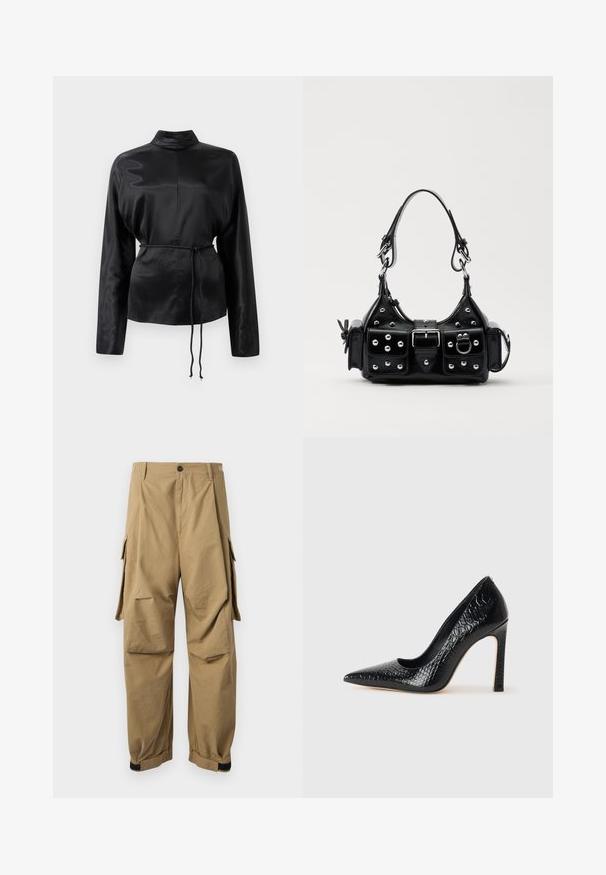 Black satin long-sleeve shirt with a high collar, cinched waist, and adjustable drawstring detail. Smooth texture with a sleek finish.; Khaki cargo pants made of lightweight fabric, featuring side cargo pockets, a button closure, and elastic cuffs at the ankles.; Black pointed-toe high heel shoe with a crocodile-skin texture, featuring a sleek design, high stiletto heel, and smooth black interior.; Black leather handbag with a curved design, featuring silver studs, a buckle, and two side pockets. Adjustable strap for carrying options.
