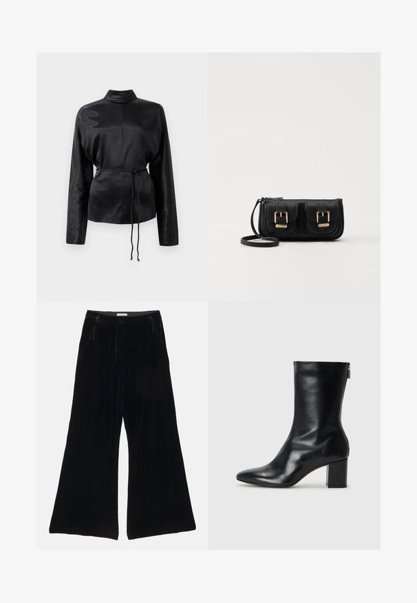 Zwarte satijnen blouse met lange mouwen en een hoge kraag, cinched taille en verstelbaar koorddetail. Glad textuur met een slanke afwerking.; Zwarte fluwelen wijduitlopende broek met een gladde textuur, voorzien van een op maat gemaakte tailleband en voorzakken, en met een geplooid ontwerp.; Zwarte leren enkelboot met een spitse neus en een blokhak van 4 cm. Strak ontwerp met een zijrits voor gemakkelijke aan- en uittrekken. Soepele textuur.; Zwarte leren schoudertas met twee vo pockets, gouden gespen, ritsluiting en een smalle band. Tekstuur oppervlak en compacte rechthoekige vorm.