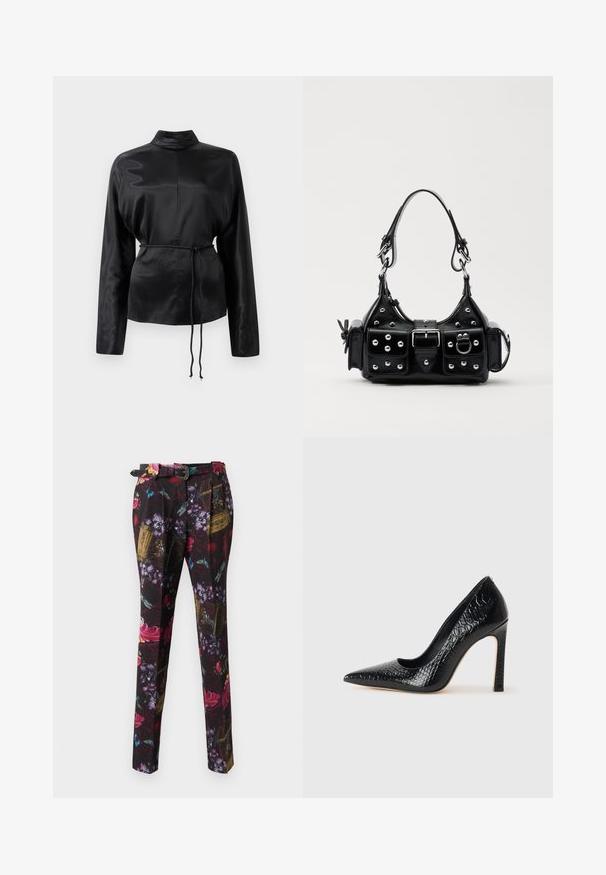 Crna satenska košulja dugih rukava s visokim ovratnikom, strukturom u struku i podesivim detaljem svezanja. Glatka tekstura s elegantnim završetkom.; Hlače s cvjetnim uzorkom na crnoj podlozi, s vibrantnim crvenim, ljubičastim i plavim naglasima, pravog kroja i dekorativnim detaljem na remenu.; Crne visoke potpetice s oštrim prstima, od teksture krokodilske kože, elegantnog dizajna, visoke stiletto potpetice i glatkog crnog unutrašnjosti.; Crna kožna torba s zakrivljenim dizajnom, koja sadrži srebrne zakovice, kopču i dva bočna džepa. Podesiva traka za različite opcije nošenja.