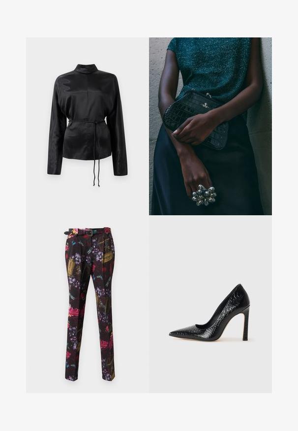 Melnas satīna krekls ar garām piedurknēm, augstu apkakli, pieguļošu vidukli un regulējamu saiti. Gluda tekstūra ar elegantu apdari.; Ziedu raksta bikses ar melnu fonu, dzīvīgām sarkanu, purpursarkanu un zilu akcentu krāsām, ar taisnu piegriezumu un dekoratīvu jostu.; Melni augstpapēžu apavi ar norādītu purngalu, ar krokodila ādas tekstūru, izceļoties ar elegantu dizainu, augstu stiletto papēdi un gludu melnu interjeru.; Melna krokodilā ādas raksta rokassoma ar sudraba detaļām, turēta pretī tekstūrētai pelēkai fona. Iespējo spīdīgu virsmu.