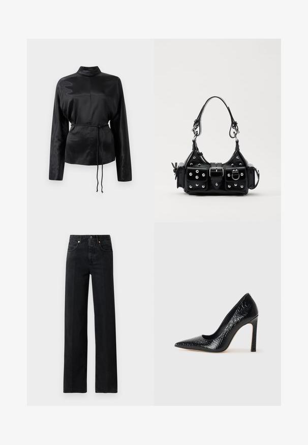 Black satin long-sleeve shirt with a high collar, cinched waist, and adjustable drawstring detail. Smooth texture with a sleek finish.; Black denim jeans with a straight-leg fit. Features five pockets, a button closure, and minimal stitching details. Classic design.; Black pointed-toe high heel shoe with a crocodile-skin texture, featuring a sleek design, high stiletto heel, and smooth black interior.; Black leather handbag with a curved design, featuring silver studs, a buckle, and two side pockets. Adjustable strap for carrying options.