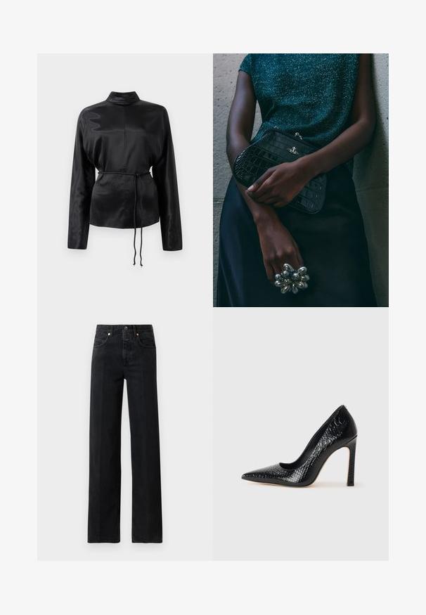 Cămașă lungă cu mânecă lungă din satin negru, cu guler înalt, talie strânsă și detaliu cu șnur reglabil. Textură netedă cu un finisaj elegant.; Jeans din denim negri cu croi drept. Au cinci buzunare, închidere cu nasture și detalii de cusătură minime. Design clasic.; Pantofii cu toc înalt, ascuțiți, de culoare neagră, cu textură de piele de crocodil, având un design elegant, toc în stil stiletto și interior neted de culoare neagră.; Geantă de umăr de tip clutch, cu model de crocodil negru și detalii din metal argintiu, sprijinită pe un fundal texturat gri. Prezintă o suprafață lucioasă.