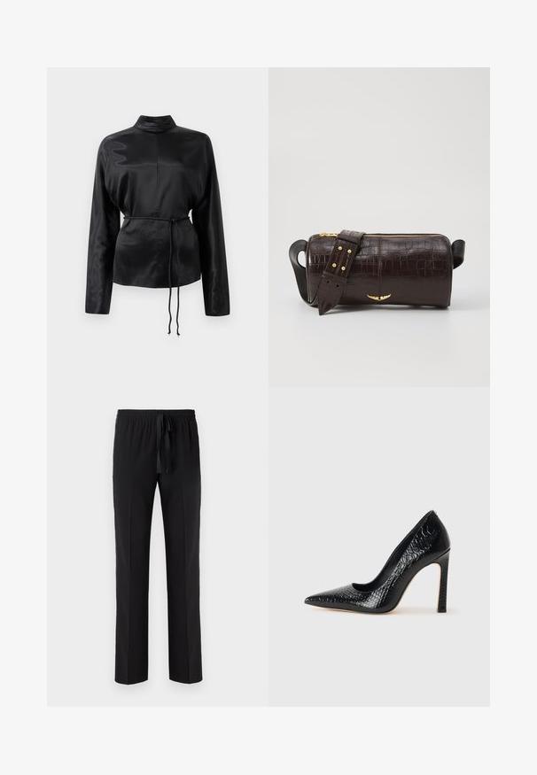 Sort satin langærmet skjorte med høj krave, indsnævret talje og justerbar snoretræksdetalje. Glat tekstur med en elegant finish.; Sorte bukser med elastisk talje og justerbar snor, med et lige ben-design og glat tekstur. Ingen mønstre eller accenter.; Sorte spidse tå stiletto-sko i krokodilleskind med et strømlinet design, høj hæl og glat sort inderside.; Brun krokodilleder taske med cylindrisk form, hardware i guld-tone, og en aftagelig rem med nitter.