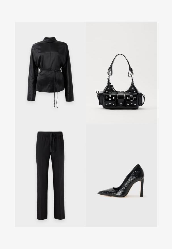Sort satin langærmet skjorte med høj krave, indsnævret talje og justerbar snoretræksdetalje. Glat tekstur med en elegant finish.; Sorte bukser med elastisk talje og justerbar snor, med et lige ben-design og glat tekstur. Ingen mønstre eller accenter.; Sorte spidse tå stiletto-sko i krokodilleskind med et strømlinet design, høj hæl og glat sort inderside.; Sort læderhåndtaske med et buet design, prydet med sølvfarvede nitter, en spænde og to sidelommer. Justerbar rem til forskellige bære muligheder.