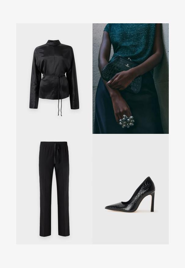 Melnas satīna krekls ar garām piedurknēm, augstu apkakli, pieguļošu vidukli un regulējamu saiti. Gluda tekstūra ar elegantu apdari.; Melni bikses ar elastīgu jostu un regulējamu auklu, ar taisnu kājāmgājēju dizainu un gludu tekstūru. Nav rakstu vai akcentu.; Melni augstpapēžu apavi ar norādītu purngalu, ar krokodila ādas tekstūru, izceļoties ar elegantu dizainu, augstu stiletto papēdi un gludu melnu interjeru.; Melna krokodilā ādas raksta rokassoma ar sudraba detaļām, turēta pretī tekstūrētai pelēkai fona. Iespējo spīdīgu virsmu.