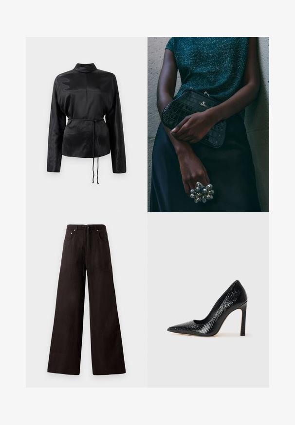 Czarna satynowa koszula z długim rękawem, wysokim kołnierzem, zwężoną talią i regulowanym sznurkiem. Gładka tekstura o eleganckim wykończeniu.; Czarne spodnie szerokie wykonane z lekkiego materiału. Posiadają elastyczny pasek w talii, przednie kieszenie oraz subtelną teksturę.; Czarne szpilki z ostrym noskiem, pokryte teksturą skóry krokodyla, charakteryzujące się eleganckim wzornictwem, wysokim obcasem w stylu stiletto oraz gładkim czarnym wnętrzem.; Czarna kopertówka w wzór krokodyla z srebrnymi akcentami, trzymana na szarym, teksturowanym tle. Posiada błyszczącą powierzchnię.