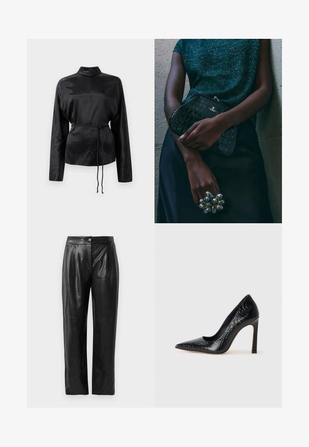 Zwarte satijnen blouse met lange mouwen en een hoge kraag, cinched taille en verstelbaar koorddetail. Glad textuur met een slanke afwerking.; Zwarte faux leren broek met een gestructureerd oppervlak, brede pijpen, voorplooien en een enkele knoopsluiting in de taille.; Zwarte puntige hoge hak schoen met een krokodillenleren textuur, met een slank ontwerp, hoge stiletto-hak, en een gladde zwarte binnenkant.; Zwarte clutch met krokodillenpatroon en zilverkleurige hardware, vastgehouden tegen een gestructureerde grijze achtergrond. Heeft een glanzend oppervlak.