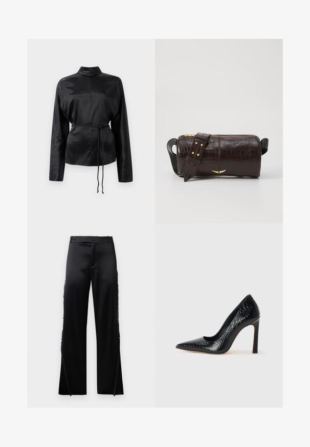 Schwarzes Satin-Hemd mit langen Ärmeln, hohem Kragen, tailliertem Schnitt und verstellbarem Kordelzug. Glatte Textur mit elegantem Finish.; Schwarze Satin-Hosen mit weitem Bein, die Fransenverzierungen entlang der Seitennähte und einen flachen, elastischen Bund haben. Rückseite schlicht ohne Taschen.; Schwarzer, spitz zulaufender High Heel mit Krokodilleder-Struktur, elegantem Design, hohem Stiletto-Absatz und glattem schwarzen Innenraum.; Braune, krokodilgeprägte Lederhandtasche mit zylindrischer Form, goldfarbener Hardware und einem abnehmbaren Tragegurt mit Nieten.