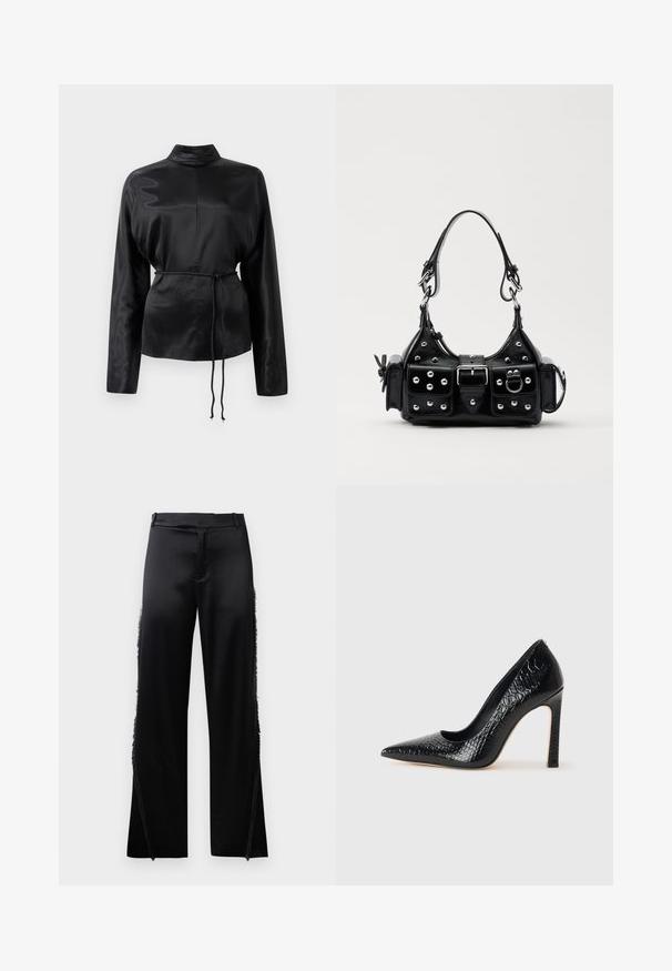Cămașă lungă cu mânecă lungă din satin negru, cu guler înalt, talie strânsă și detaliu cu șnur reglabil. Textură netedă cu un finisaj elegant.; Pantaloni negri din satin, cu picioare largi, având detalii cu franjuri de-a lungul cusăturilor laterale și o talie plată în față. Spatele este simplu, fără buzunare.; Pantofii cu toc înalt, ascuțiți, de culoare neagră, cu textură de piele de crocodil, având un design elegant, toc în stil stiletto și interior neted de culoare neagră.; Geantă de piele neagră cu un design curbat, dotată cu studuri argintii, o cataramă și două buzunare laterale. Curea ajustabilă pentru opțiuni de transport.