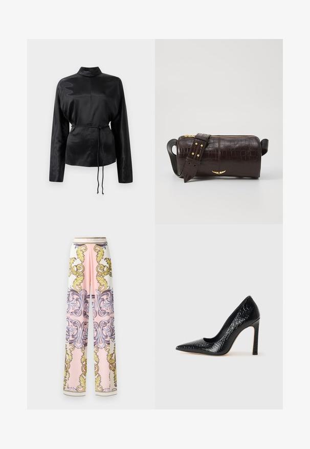 Melnas satīna krekls ar garām piedurknēm, augstu apkakli, pieguļošu vidukli un regulējamu saiti. Gluda tekstūra ar elegantu apdari.; Platas kājas bikses no viegla auduma ar rozā un baltu krāsu shēmu, rotātas ar izsmalcinātiem dzelteniem un ziliem baroka rakstiem un zeltītām akcentiem.; Melni augstpapēžu apavi ar norādītu purngalu, ar krokodila ādas tekstūru, izceļoties ar elegantu dizainu, augstu stiletto papēdi un gludu melnu interjeru.; Brūna krokodila ādas soma ar cilindrisku formu, zelta toni aparatūru un noņemamu siksnu ar studiem.