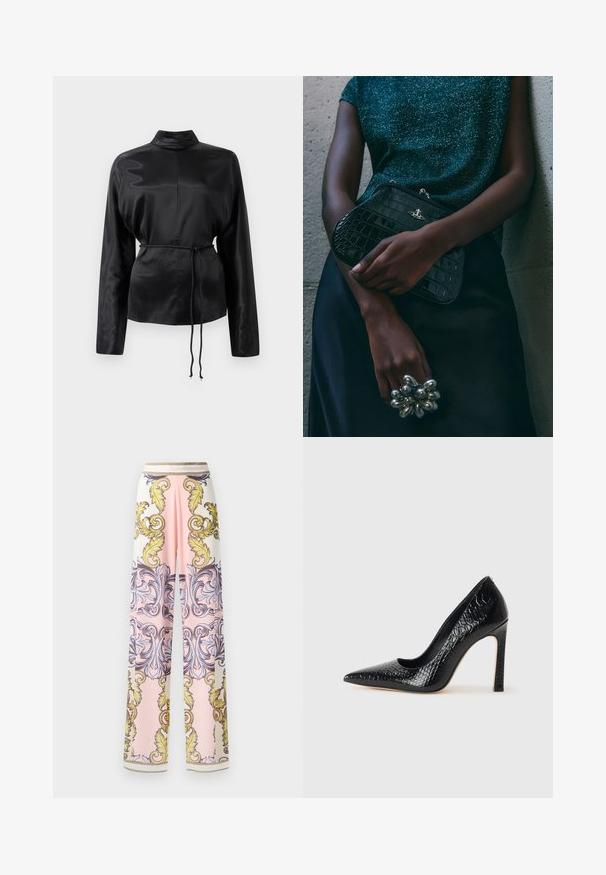 Chemise longue à manches longues en satin noir avec un col haut, taille cintrée et détail de cordon de serrage ajustable. Texture lisse avec une finition élégante.; Pantalons larges en tissu léger présentant une palette de couleurs rose et blanche avec des motifs baroques ornés en jaune et bleu et des accents dorés.; Escarpin noir à bout pointu avec texture en cuir de crocodile, présentant un design élégant, un haut talon aiguille et un intérieur noir lisse.; Sac à main en cuir noir à motif crocodile avec des finitions en métal argenté, posé sur un fond texturé gris. Présente une surface brillante.