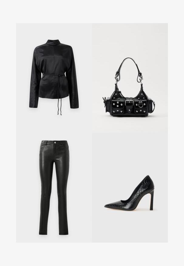 Czarna satynowa koszula z długim rękawem, wysokim kołnierzem, zwężoną talią i regulowanym sznurkiem. Gładka tekstura o eleganckim wykończeniu.; Czarne skórzane spodnie o dopasowanym kroju, gładkiej fakturze, średnim stanie oraz subtelnych detalach przeszyć. Posiadają kieszenie z przodu i metalowy guzik.; Czarne szpilki z ostrym noskiem, pokryte teksturą skóry krokodyla, charakteryzujące się eleganckim wzornictwem, wysokim obcasem w stylu stiletto oraz gładkim czarnym wnętrzem.; Czarna skórzana torebka w zakrzywionym kształcie, z srebrnymi ćwiekami, klamrą i dwoma bocznymi kieszeniami. Regulowany pasek umożliwiający różne opcje noszenia.