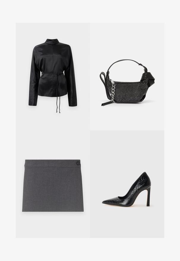 Čierna saténová košeľa s dlhým rukávom, vysokým golierom, zúženým pásom a nastaviteľným šnurovaním. Hladká textura s elegantným povrchom.; Sivá sukňa z látky s hladkou textúrou, rovný strih a jediný čierny gombík na páse, s čistým a jednoduchým estetickým vzhľadom.; Čierna lodička s špicatou špičkou a lakovanou textúrou krokodíla, s elegantným dizajnom, vysokým stiletto podpätkom a hladkým čiernym interiérom.; Čierna kabelka s textúrovaným dizajnom, ozdobená striebornými cvočkami a mohutným strieborným retiazkou. Má elegantný, minimalistický tvar.
