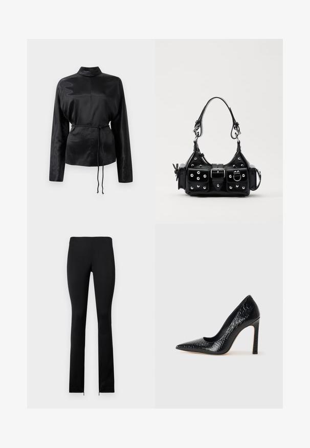 Zwarte satijnen blouse met lange mouwen en een hoge kraag, cinched taille en verstelbaar koorddetail. Glad textuur met een slanke afwerking.; Zwarte, aangesloten legging met een soepele textuur, voorzien van een hoge taille en ritsjes bij de enkels voor gemakkelijk aan- en uittrekken. Eenvoudig, minimalistisch ontwerp.; Zwarte puntige hoge hak schoen met een krokodillenleren textuur, met een slank ontwerp, hoge stiletto-hak, en een gladde zwarte binnenkant.; Zwarte lederen handtas met een gebogen ontwerp, voorzien van zilveren studs, een gesp en twee zijvakken. Verstelbare schouderband voor verschillende draagmogelijkheden.