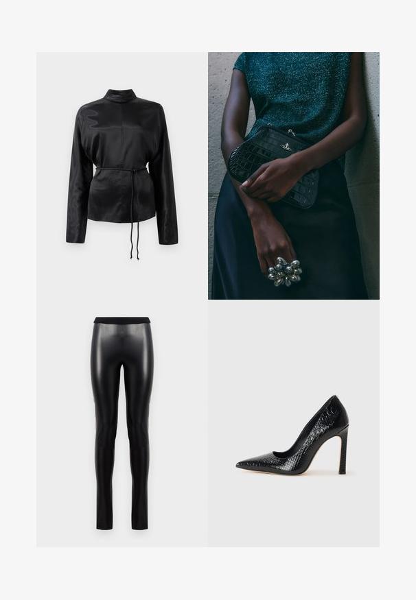 Black satin long-sleeve shirt with a high collar, cinched waist, and adjustable drawstring detail. Smooth texture with a sleek finish.; Black faux leather leggings with a smooth texture, fitted silhouette, and a wide waistband. No visible seams or patterns.; Black pointed-toe high heel shoe with a crocodile-skin texture, featuring a sleek design, high stiletto heel, and smooth black interior.; Black crocodile-patterned clutch bag with silver hardware, held against a textured gray background. Features a shiny surface.