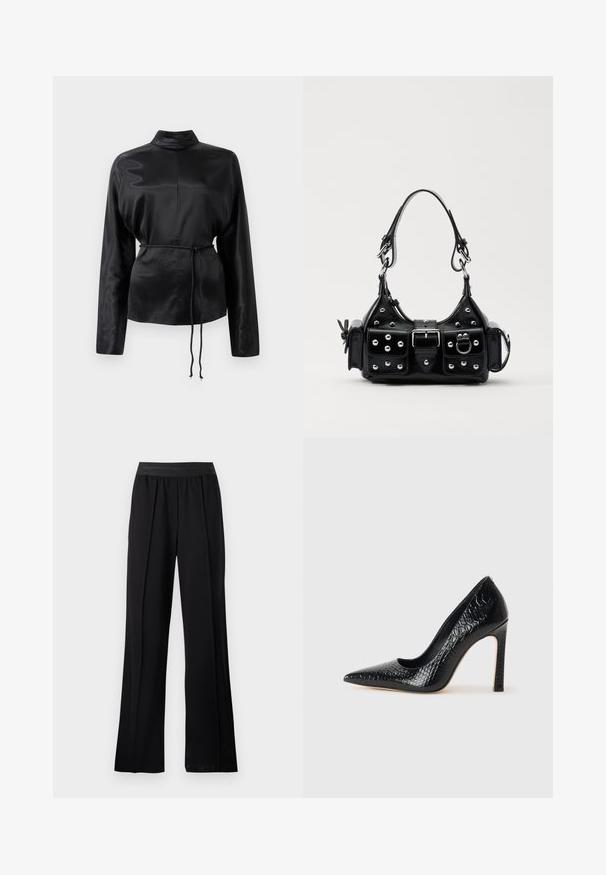 Camicia nera in satin con maniche lunghe e colletto alto, vita aderente e dettaglio con cordoncino regolabile. Texture liscia con una finitura elegante.; Pantaloni neri a gamba larga realizzati in tessuto morbido con una cintura elastica. Presentano pieghe per un maggiore volume e fluidità, senza motivi o accenti visibili.; Scarpa nera con punta a punta alta in pelle di coccodrillo, caratterizzata da un design elegante, alto tacco a spillo e interno nero liscio.; Borsa a mano in pelle nera con design curvo, caratterizzata da borchie argentate, una fibbia e due tasche laterali. Tracolla regolabile per diverse opzioni di trasporto.