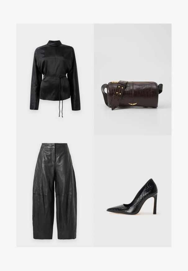Camicia nera in satin con maniche lunghe e colletto alto, vita aderente e dettaglio con cordoncino regolabile. Texture liscia con una finitura elegante.; Pantaloni in pelle nera a gamba larga con vita alta, caratterizzati da cuciture sottili e una texture liscia. Lunghezza cropped fino a metà polpaccio.; Scarpa nera con punta a punta alta in pelle di coccodrillo, caratterizzata da un design elegante, alto tacco a spillo e interno nero liscio.; Borsa in pelle stampata a coccodrillo marrone con forma cilindrica, accessori in tonalità oro e una tracolla staccabile con borchie.