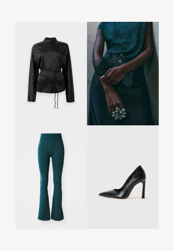 Schwarzes Satin-Hemd mit langen Ärmeln, hohem Kragen, tailliertem Schnitt und verstellbarem Kordelzug. Glatte Textur mit elegantem Finish.; Tiefblaue ausgestellte Leggings aus glattem, dehnbarem Material mit einem hohen Bund, die eine subtile Textur und eine figurbetonte Passform aufweisen.; Schwarzer, spitz zulaufender High Heel mit Krokodilleder-Struktur, elegantem Design, hohem Stiletto-Absatz und glattem schwarzen Innenraum.; Schwarze Clutch-Tasche im Kroko-Design mit silbernen Beschlägen, vor einem strukturierten grauen Hintergrund gehalten. Verfügt über eine glänzende Oberfläche.