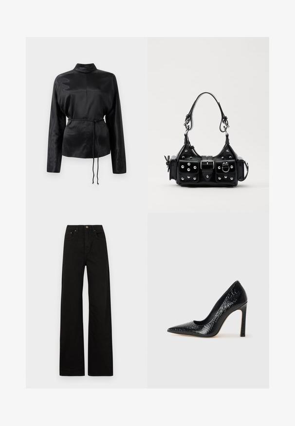 Sort satin langærmet skjorte med høj krave, indsnævret talje og justerbar snoretræksdetalje. Glat tekstur med en elegant finish.; Sorte breddebenede jeans lavet af solidt stof. Har en frontknaplukning, bælteløkker og to forlommer. Glat, ensartet tekstur.; Sorte spidse tå stiletto-sko i krokodilleskind med et strømlinet design, høj hæl og glat sort inderside.; Sort læderhåndtaske med et buet design, prydet med sølvfarvede nitter, en spænde og to sidelommer. Justerbar rem til forskellige bære muligheder.