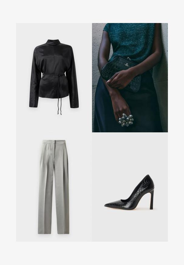 Zwarte satijnen blouse met lange mouwen en een hoge kraag, cinched taille en verstelbaar koorddetail. Glad textuur met een slanke afwerking.; Lichtgrijze op maat gemaakte broek met een gladde textuur, voorzien van plooien aan de voorkant, een wijd pijpenontwerp en een getailleerde tailleband.; Zwarte puntige hoge hak schoen met een krokodillenleren textuur, met een slank ontwerp, hoge stiletto-hak, en een gladde zwarte binnenkant.; Zwarte clutch met krokodillenpatroon en zilverkleurige hardware, vastgehouden tegen een gestructureerde grijze achtergrond. Heeft een glanzend oppervlak.