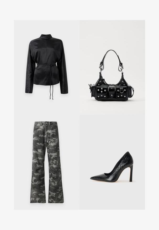 Black satin long-sleeve shirt with a high collar, cinched waist, and adjustable drawstring detail. Smooth texture with a sleek finish.; Dark gray and black camouflage patterned straight-leg jeans with button and zip closure and front pockets.; Black pointed-toe high heel shoe with a crocodile-skin texture, featuring a sleek design, high stiletto heel, and smooth black interior.; Black leather handbag with a curved design, featuring silver studs, a buckle, and two side pockets. Adjustable strap for carrying options.