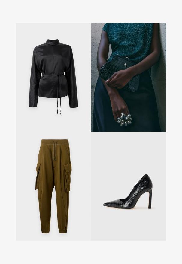 Juodas satino ilgomis rankovėmis marškiniai su aukštu apykakle, susiaurinta juosmens dalimi ir reguliuojamo raiščio detalėmis. Lygus paviršius su blizgiu apdaila.; Alyvučių žalios jogger kelnės su raišteliu juosmenyje, dviem didelėm cargo kišenėm su viršeliais ant kiekvienos pusės ir raukšlėtomis kulkšnėmis.; Juoda smailiakulnė aukšto kulno bateliai su krokodilo odos tekstūra, pasižymintys elegantišku dizainu, aukštu stiletu kulnu ir lygia juoda vidine dalimi.; Juodas krokodilo odos rašto vakarėlis su sidabriniais aksesuarais, laikomas prieš tekstūruotą pilką foną. Pasižymi blizgiu paviršiumi.