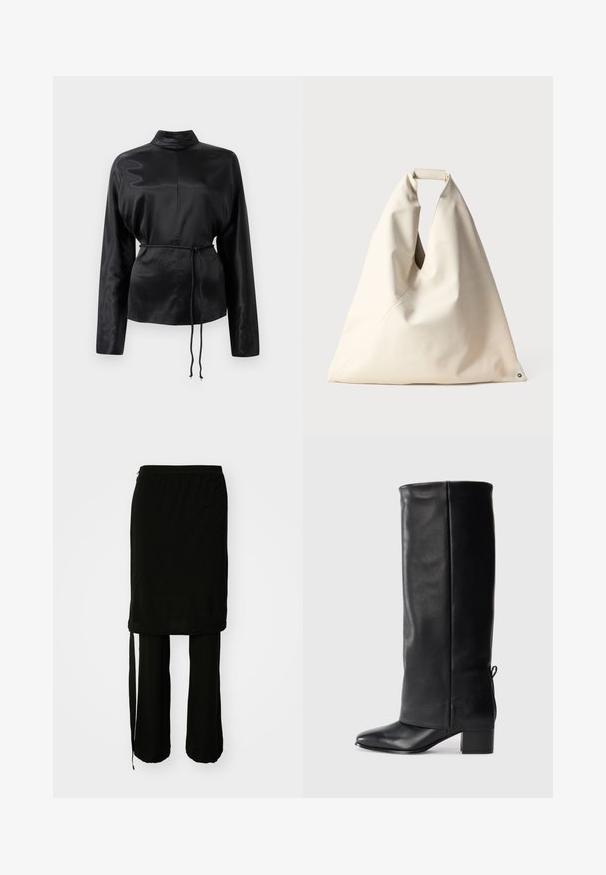 Schwarzes Satin-Hemd mit langen Ärmeln, hohem Kragen, tailliertem Schnitt und verstellbarem Kordelzug. Glatte Textur mit elegantem Finish.; Schwarzes Zweiteiler-Outfit mit einem langen Rock mit seitlichem Bindeband und lockeren Hosen. Hergestellt aus glattem Stoff mit fließendem Design.; Schwarze Leder-Stiefel bis zum Knie mit glatter Oberfläche, quadratischer Zehenpartie, Blockabsatz und seitlichen Bindebändern für eine verstellbare Passform.; Beige, weich strukturierte Tasche mit einem einzigartigen gedrehten Griff und schrägen Nahtdetails. Minimalistisches Design mit einem runden Akzent am Boden.