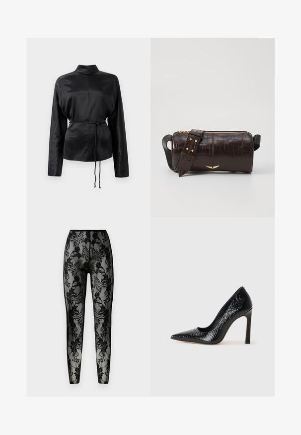 Mustmust pikkade varrukatega särk kõrge kaelusega, pingutatud talje ja reguleeritavate nööride detailidega. Sile tekstuur ja peen viimistlus.; Mustade pitsiga legginsid, millel on lilleline muster, läbipaistev kangas ja tihe istuvus, sile vöökoht ja suletud servad.; Mustan teravaotsaga kõrge kontsaga king, millel on krokodillimustriga tekstuur, stiilne disain, kõrge stilettokonts ja sile must sisesisustus.; Pruunist krokodillimustrist nahast kott, millel on silindri kuju, kuldse tooni metalldetailid ja eemaldatav rihm, kus on nupud.