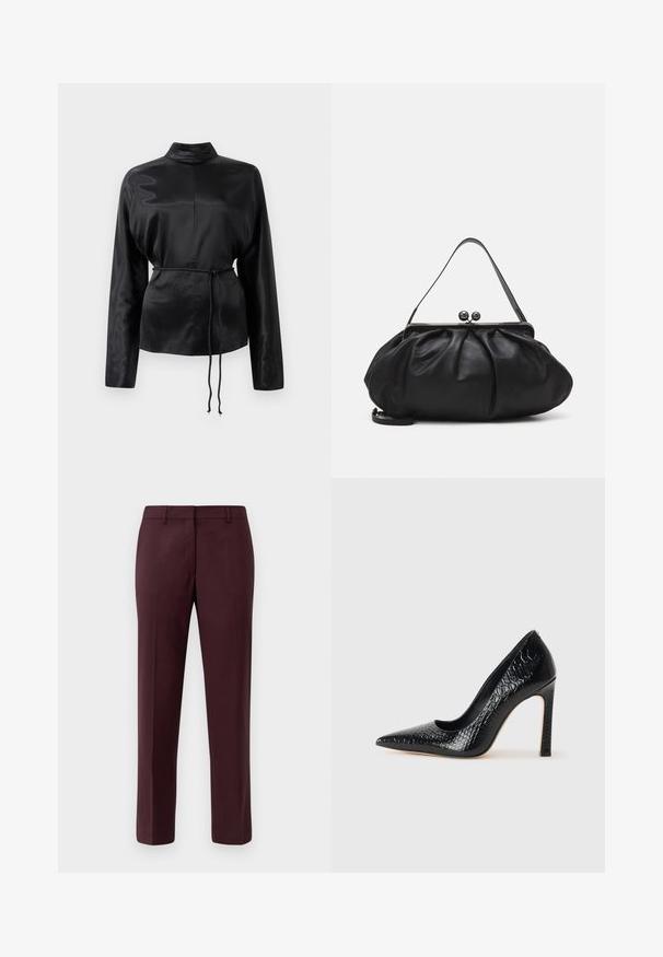 Black satin long-sleeve shirt with a high collar, cinched waist, and adjustable drawstring detail. Smooth texture with a sleek finish.; Burgundy tailored trousers made of smooth fabric. Features a flat front, slim fit, and no visible pockets or embellishments.; Black pointed-toe high heel shoe with a crocodile-skin texture, featuring a sleek design, high stiletto heel, and smooth black interior.; Black leather handbag with a rounded, pleated design. Features a metallic clasp with two decorative balls and a slim, detachable strap.