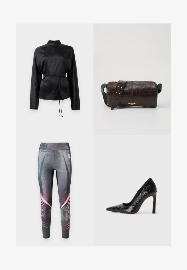 Čierna saténová košeľa s dlhým rukávom, vysokým golierom, zúženým pásom a nastaviteľným šnurovaním. Hladká textura s elegantným povrchom.; Obopínajúce legíny v tmavosivej farbe s bodkovaným vzorom, zdobené ružovými grafickými akcentmi a vysokým pásom.; Čierna lodička s špicatou špičkou a lakovanou textúrou krokodíla, s elegantným dizajnom, vysokým stiletto podpätkom a hladkým čiernym interiérom.; Hnedá taška z kože s embosovaným vzorom krokodíla, cylindrického tvaru, so zlatými hardvérovými doplnkami a odnímateľným popruhom so štítkami.