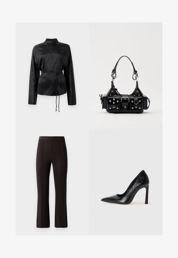 Melnas satīna krekls ar garām piedurknēm, augstu apkakli, pieguļošu vidukli un regulējamu saiti. Gluda tekstūra ar elegantu apdari.; Melnas pielāgotas bikses ar pieguļošu jostu, plakanu priekšu un viegliem uzplatiem apakšmalā, izgatavotas no gludas, elastīgas auduma.; Melni augstpapēžu apavi ar norādītu purngalu, ar krokodila ādas tekstūru, izceļoties ar elegantu dizainu, augstu stiletto papēdi un gludu melnu interjeru.; Melnas ādas rokturmais ar izliekumu, ar sudraba iedurtiem, sprādzi un divām sānu kabatām. Regulējams siksniņas garums dažādām nēsāšanas iespējām.