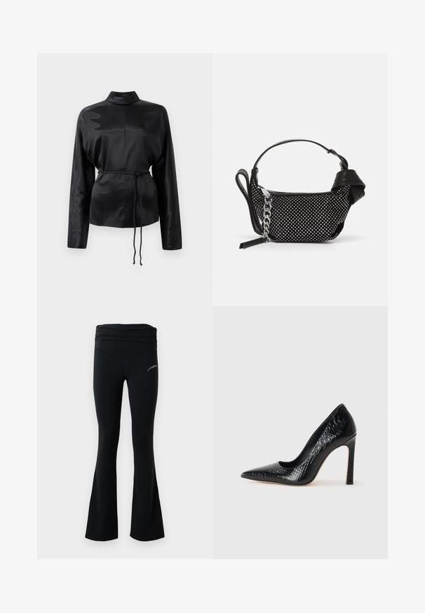 Mustmust pikkade varrukatega särk kõrge kaelusega, pingutatud talje ja reguleeritavate nööride detailidega. Sile tekstuur ja peen viimistlus.; Mustad musta yoga-püksid laia jalaga, rikuhtaega ning väikese valge logoga ülemises reies, esitatud lihtsa valge tausta ees.; Mustan teravaotsaga kõrge kontsaga king, millel on krokodillimustriga tekstuur, stiilne disain, kõrge stilettokonts ja sile must sisesisustus.; Must must have must päris omadused kobaraga nahast käekott, millel on nurgeliselt kaunistused, ketiraam ja sile nahast käepide, ümmargune kuju ja tõmblukuga tasku.