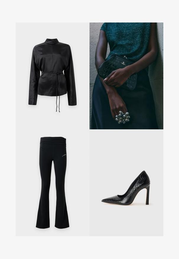 Zwarte satijnen blouse met lange mouwen en een hoge kraag, cinched taille en verstelbaar koorddetail. Glad textuur met een slanke afwerking.; Zwarte flare yoga broek met een gerimpelde tailleband en een klein wit logo op de bovenste dij, weergegeven tegen een effen witte achtergrond.; Zwarte puntige hoge hak schoen met een krokodillenleren textuur, met een slank ontwerp, hoge stiletto-hak, en een gladde zwarte binnenkant.; Zwarte clutch met krokodillenpatroon en zilverkleurige hardware, vastgehouden tegen een gestructureerde grijze achtergrond. Heeft een glanzend oppervlak.