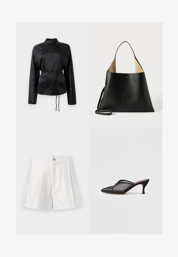 Juodas satino ilgomis rankovėmis marškiniai su aukštu apykakle, susiaurinta juosmens dalimi ir reguliuojamo raiščio detalėmis. Lygus paviršius su blizgiu apdaila.; Balti lininiai šortai su plokščiu liemeniu, klostuota priekinė dalis ir metalinis logotipo akcentas priekyje.; Juodas tinklinis mules, su smailiu pirštu, plonais dirželiais ir 7,5 cm aukščio stiletto kulnu. Pasižymi permatomu tekstūru ir tvirtu toniniu padu.; Juodas odinis rankinės modelis su erdviu, kampuotu dizainu. Yra kontrastinga tan spalvos vidinė dalis ir plona petneša. Minimalistinis prekių ženklo ženklas.
