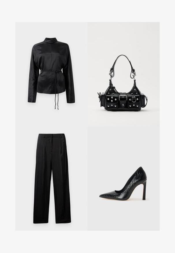 Fekete selyem hosszú ujjú ing magas gallérral, megkötött derékkal és állítható zsinóros részletekkel. Simaság jellemzi, elegáns kivitelezéssel.; Fekete, bő szárú nadrág sima textúrával, elöl pliszírozott, övhurkokkal és cipzáras záródással.; Fekete hegyes orrú magassarkú cipő krokodilbőr textúrával, letisztult dizájnnal, magas tűsarkú és sima fekete belső résszel.; Fekete bőr kézitáska ívelt designnal, ezüst szegecsekkel, csattal és két oldalsó zsebbel. Állítható vállpánt a hordozási lehetőségekhez.