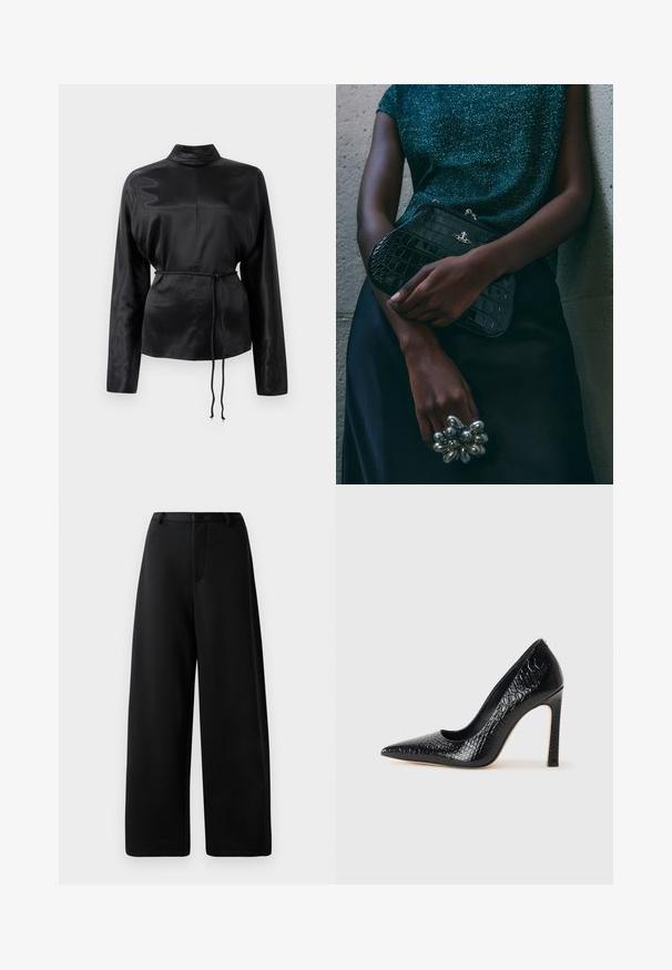Black satin long-sleeve shirt with a high collar, cinched waist, and adjustable drawstring detail. Smooth texture with a sleek finish.; Black wide-leg trousers made of smooth fabric, featuring a flat front, belt loops, and a zip fly; no visible pockets or hardware details.; Black pointed-toe high heel shoe with a crocodile-skin texture, featuring a sleek design, high stiletto heel, and smooth black interior.; Black crocodile-patterned clutch bag with silver hardware, held against a textured gray background. Features a shiny surface.
