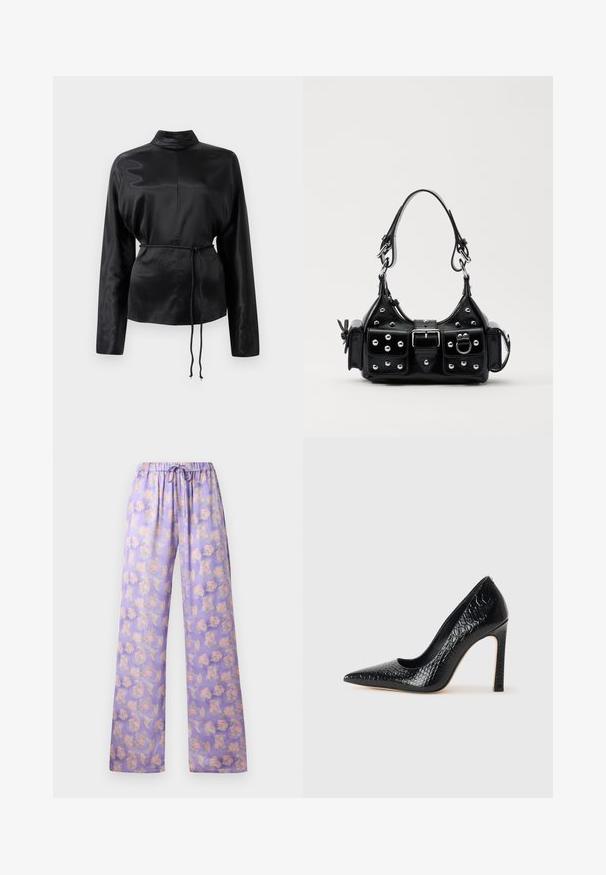 Čierna saténová košeľa s dlhým rukávom, vysokým golierom, zúženým pásom a nastaviteľným šnurovaním. Hladká textura s elegantným povrchom.; Svetlofialové kvetinové nohavice s elastickým pásom a šnúrkou na stiahnutie. Majú jemnú tkaninu, široký strih nohavíc a vzor ružových a zelených kvetov.; Čierna lodička s špicatou špičkou a lakovanou textúrou krokodíla, s elegantným dizajnom, vysokým stiletto podpätkom a hladkým čiernym interiérom.; Čierna kožená kabelka s zakriveným dizajnom, doplnená striebornými cvočkami, prackou a dvoma bočnými vreckami. Nastaviteľný popruh poskytuje rôzne možnosti nosenia.