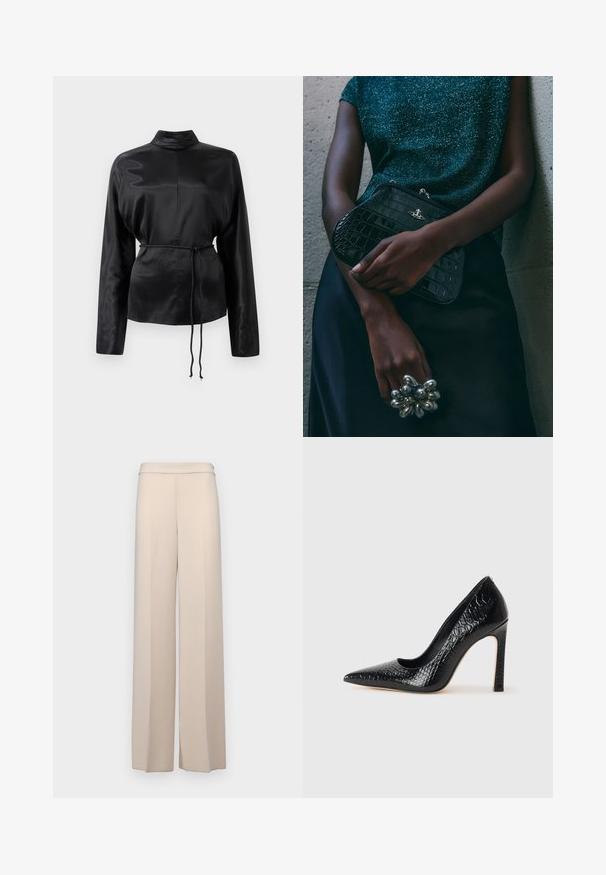 Fekete selyem hosszú ujjú ing magas gallérral, megkötött derékkal és állítható zsinóros részletekkel. Simaság jellemzi, elegáns kivitelezéssel.; Behúzódó széles lábú nadrág sima anyagból, magas derékkal és diszkrét elülső redőkkel. Nincs zsebe és látható fémszerelvénye.; Fekete hegyes orrú magassarkú cipő krokodilbőr textúrával, letisztult dizájnnal, magas tűsarkú és sima fekete belső résszel.; Fekete krokodilbőr mintázatú válltáska ezüst hardware-rel, egy texturált szürke háttér előtt tartva. Fényes felülettel rendelkezik.