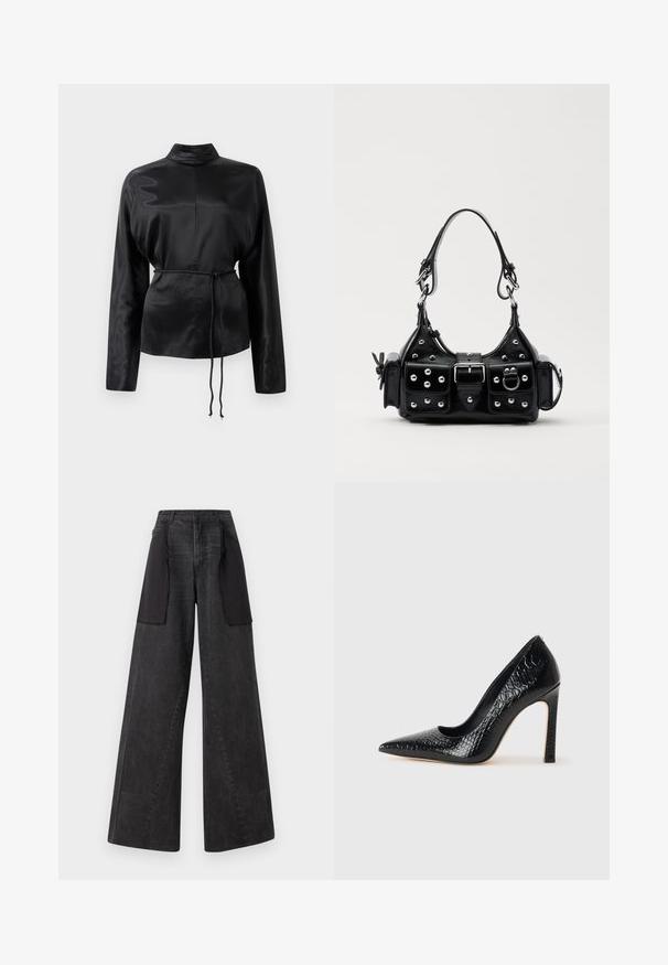 Musta satiininen pitkähihainen paita, jossa on korkea kaulus, kireä vyötärö ja säädettävä nyöriyksityiskohta. Sileä rakenne kiiltävällä pinnalla.; Laskemittaiset farkut tummasta denimistä, joissa on mustat kangaspaneelit sivuilla, korkealla vyötäröllä ja näkyvillä ompeluominaisuuksilla.; Musta kapea nilkkakorkokenkä krokotiilin nahkakuviolla, joka on varustettu tyylikkäällä muotoilulla, korkealla stiletto-korkealla ja sileällä mustalla sisäosalla.; Musta nahkainen käsilaukku, jossa on kaareva muotoilu, hopeiset niitit, solki ja kaksi sivutaskua. Säädettävä olkahihna erilaisiin kantovaihtoehtoihin.