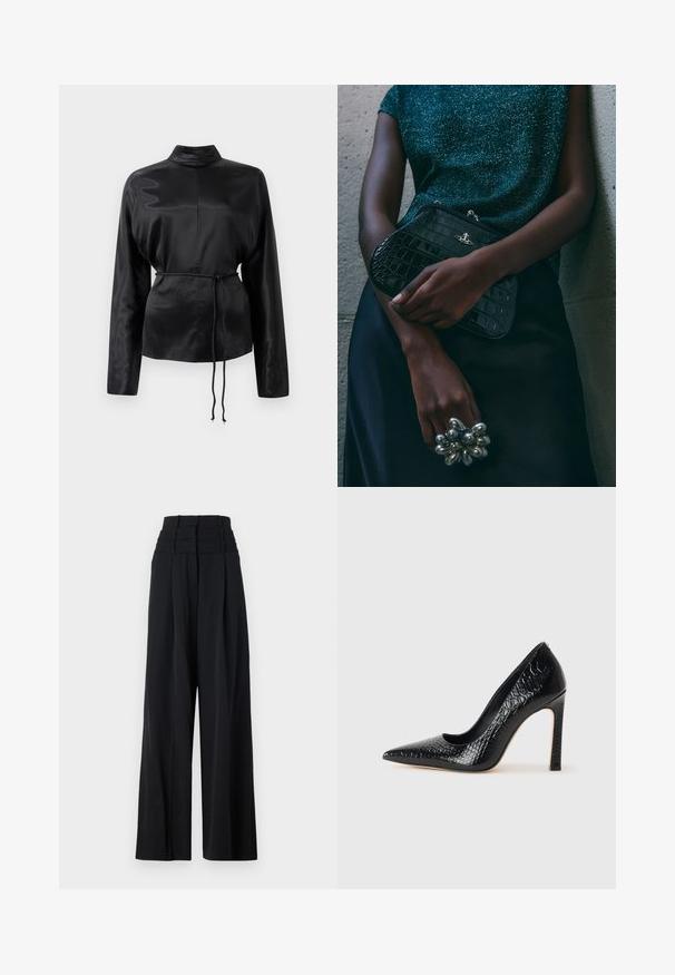 Camicia nera in satin con maniche lunghe e colletto alto, vita aderente e dettaglio con cordoncino regolabile. Texture liscia con una finitura elegante.; Pantaloni neri a gamba larga con vita alta, caratterizzati da pieghe sul davanti e una texture liscia. Nessun logo o motivo visibile.; Scarpa nera con punta a punta alta in pelle di coccodrillo, caratterizzata da un design elegante, alto tacco a spillo e interno nero liscio.; Clutch bag nera con motivo coccodrillo e hardware argentato, appoggiata su uno sfondo grigio texture. Presenta una superficie lucida.
