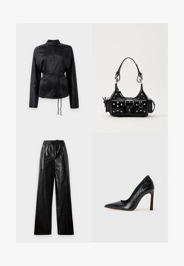 Černá saténová košile s dlouhým rukávem a vysokým límečkem, nařaseným pasem a nastavitelným šňůrkovým detailem. Hladká textura s elegantním povrchem.; Černé kožené kalhoty širokého střihu s elastickým pasem, stahovací šňůrkou a zlatými kovovými detaily. Hladká textura a volný střih.; Černý lodičkový bot s špičatou špičkou, pokrytý texturou krokodýlí kůže, s elegantním designem, vysokým stiletto podpatkem a hladkým černým interiérem.; Černá kožená kabelka s křivkovým designem, zdobená stříbrnými hřebíky, s přezkou a dvěma bočními kapsami. Nastavitelný popruh pro různé možnosti nošení.