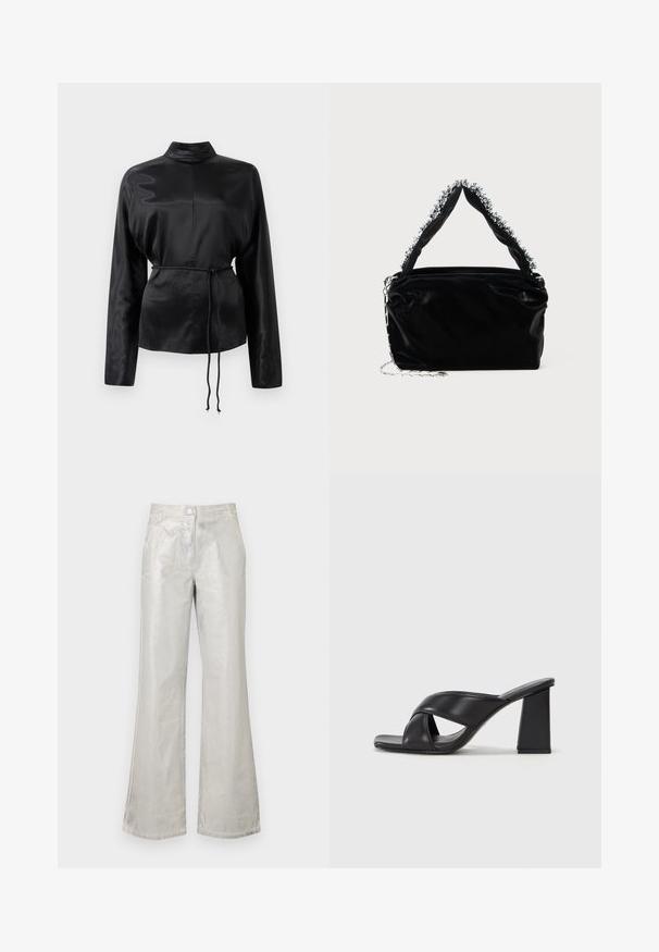 Mustmust pikkade varrukatega särk kõrge kaelusega, pingutatud talje ja reguleeritavate nööride detailidega. Sile tekstuur ja peen viimistlus.; Hõbedased laiad püksid, mis on valmistatud läikivast materjalist, esise nupuga sulgemisega, kahe tasku ja nähtavate õmbluse detailidega.; MAX&Co. SOHO - Kõrge kontsaga sandaalid - schwarz; Must mustrepp nahkakäekott, millel on tekstuuriga viimistlus, esitades pehme hõbedase aktsendi pealt käepideme juures ja kettainet.
