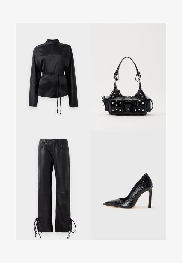 Juodas satino ilgomis rankovėmis marškiniai su aukštu apykakle, susiaurinta juosmens dalimi ir reguliuojamo raiščio detalėmis. Lygus paviršius su blizgiu apdaila.; Juodi odiniai kelnių, turintys šiek tiek tekstūruotą paviršių, tiesaus kirpimo ir reguliuojamus raiščius apykaklėje, leidžiančius pritaikyti dydį.; Juoda smailiakulnė aukšto kulno bateliai su krokodilo odos tekstūra, pasižymintys elegantišku dizainu, aukštu stiletu kulnu ir lygia juoda vidine dalimi.; Juodas odinis rankinukas su kreiviu dizainu, su sidabro spalvos knopkėmis, užsegimu ir dviem šoninėmis kišenėmis. Reguliuojama dirželis nešimui.