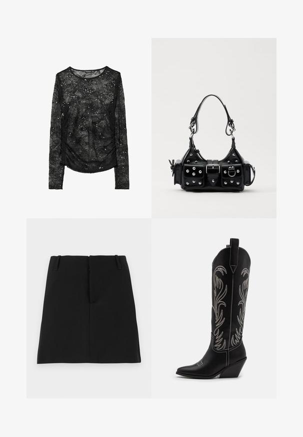 Top lungo nero a maniche lunghe con design in pizzo floreale, decorato con paillettes sparse. Tessuto morbido e trasparente con scollatura rotonda e vestibilità rilassata.; Gonna nera mini con un design aderente, dotata di due tasche frontali e orlo dritto. Realizzata in tessuto liscio senza motivi visibili.; Stivali da cowboy in pelle nera con punte affusolate, tacchi a zoccolo e motivi floreali ricamati in argento lungo il gambale. Cuciture a contrasto in tutto lo stivale.; Borsa a mano in pelle nera con design curvo, caratterizzata da borchie argentate, una fibbia e due tasche laterali. Tracolla regolabile per diverse opzioni di trasporto.
