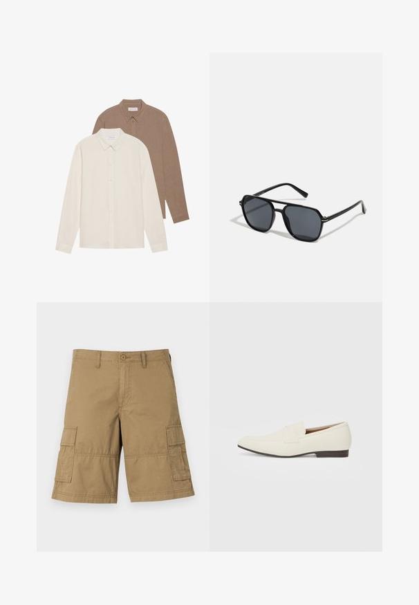 Dvoje košele s dlhým rukávom: jedna krémová a jedna hnedá, obe s golierom na gombíky, viditeľná textúra látky, jednoduchý dizajn a viditeľné štítky.; Cargo šortky v khaki farbe s rovný strihom, obsahujúce dve bočné vrecká a gombíkový zapínací pás. Hladká textúra po celej ploche.; Svetlé béžové mokasíny s špicatou špičkou, hladkým materiálom, pásikom cez vamp a nízkou hnedou podrážkou. Jednoduchý dizajn s minimálnymi akcentmi.; Čierne slnečné okuliare s osemuholníkovým rámom, tmavými sklami, lesklým povrchom, tenkými rámčekmi a zlatými akcentmi na prednej strane.