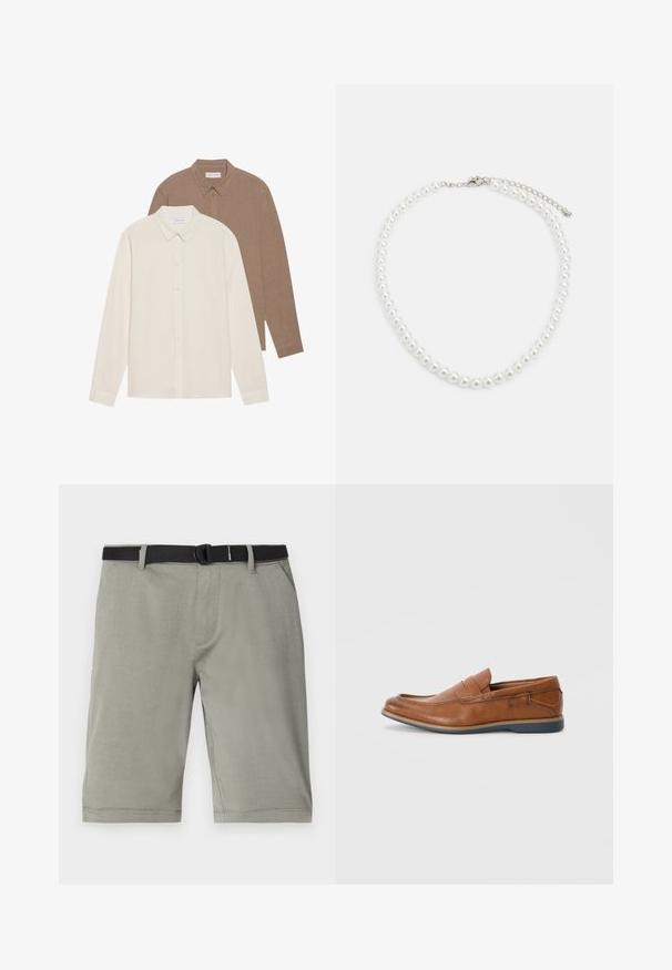 To langermede skjorter: en kremfarget og en brun, begge med knappelukking på kragen, synlig tekstur på stoffet, enkel design, og med etiketter synlige.; Grå shorts laget av et strukturert stoff, med et svart belte, standard lommer, og en avslutning som slutter rett over kneet.; Brune skinnloafers med rund tå, broderte detaljer og såle i gummi. Designet har et bånd over vristen.; Hvit perlekjede med en enhetlig rund form, glatt overflate, og metallspenne med en forlengelseskjede for justerbar lengde.